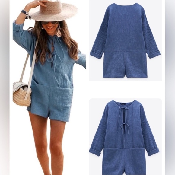 NWOT Zara Textured Weave Tie Bow Front Jumpsuit Romper - Picture 3 of 6